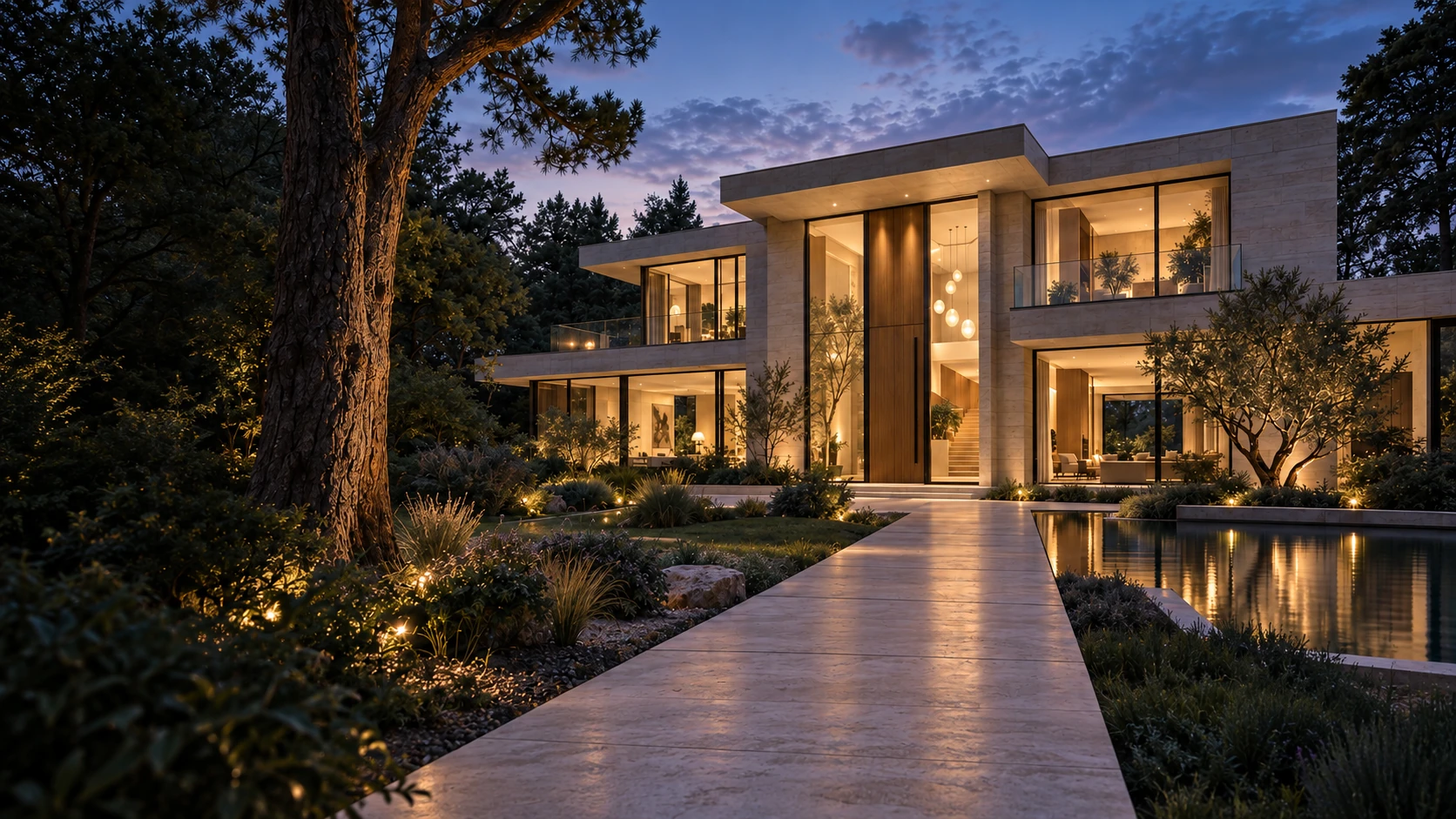 ALDER’s contemporary limestone residence at dusk, with a reflecting pool and warmly lit entrance
