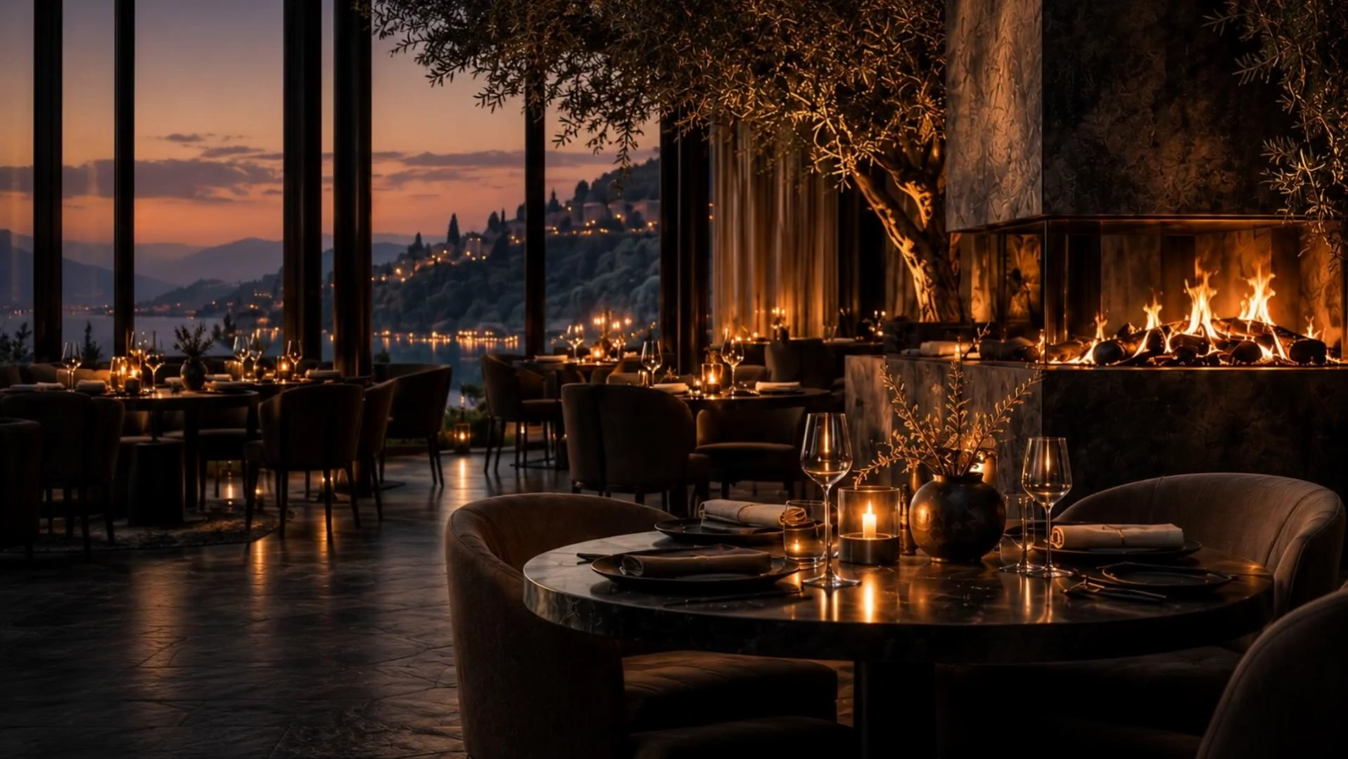 EMBER’s cinematic dining room with a glowing hearth and a dusk view