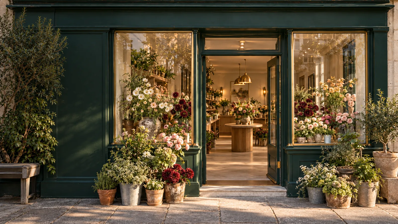 FLEUR HOUSE’s deep green shopfront with an open doorway leading into a flower-filled studio
