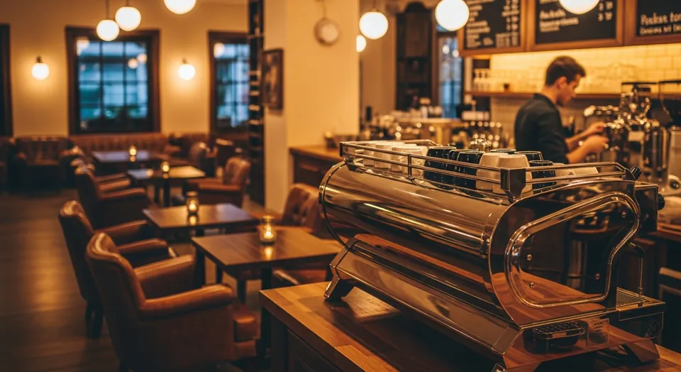 Warm lighting and wooden tables inside The Golden Cup café concept