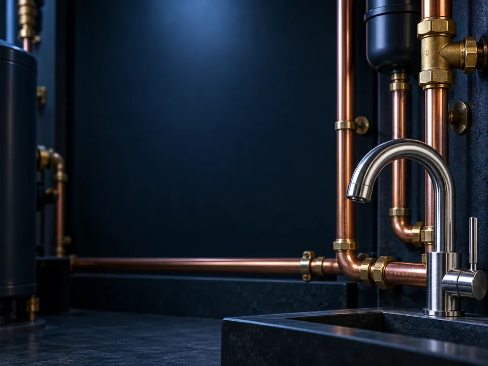Copper plumbing and tap detail, created as cover artwork for the trades concept