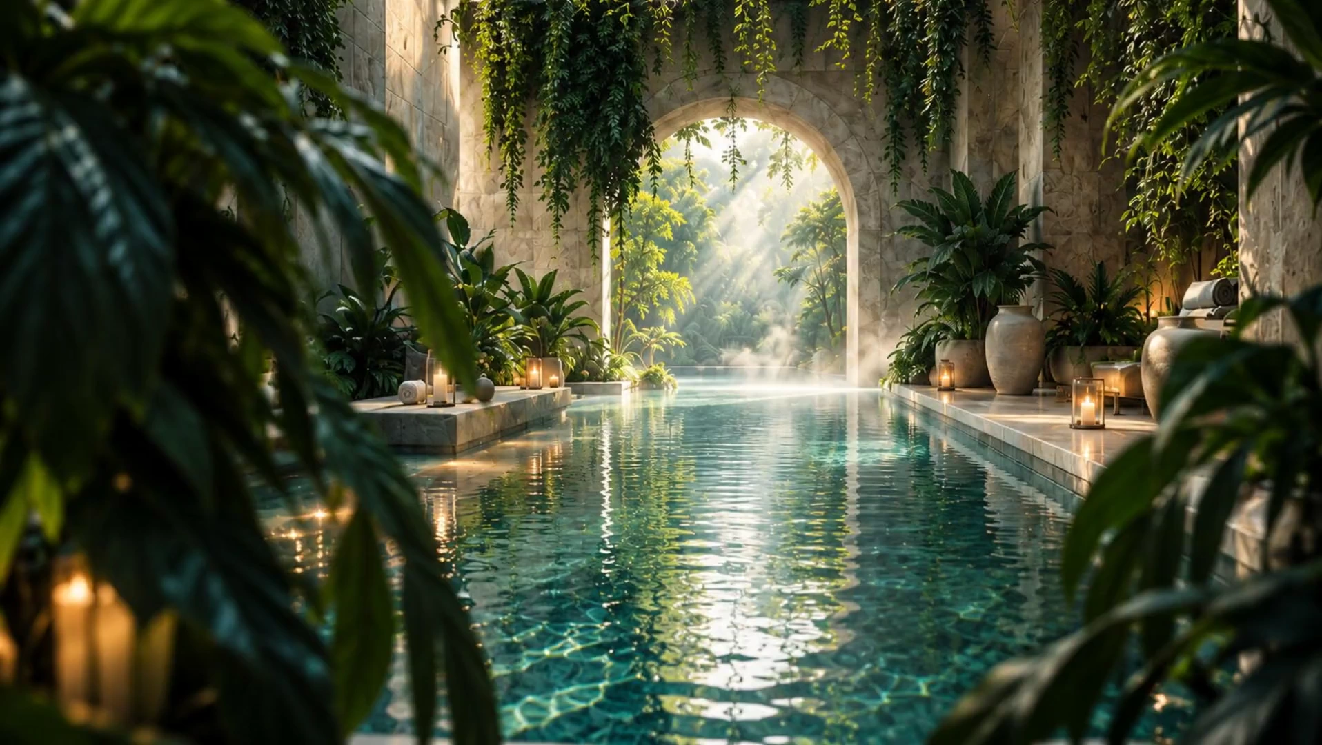 STILL’s botanical sanctuary with a stone arch and a sunlit pool