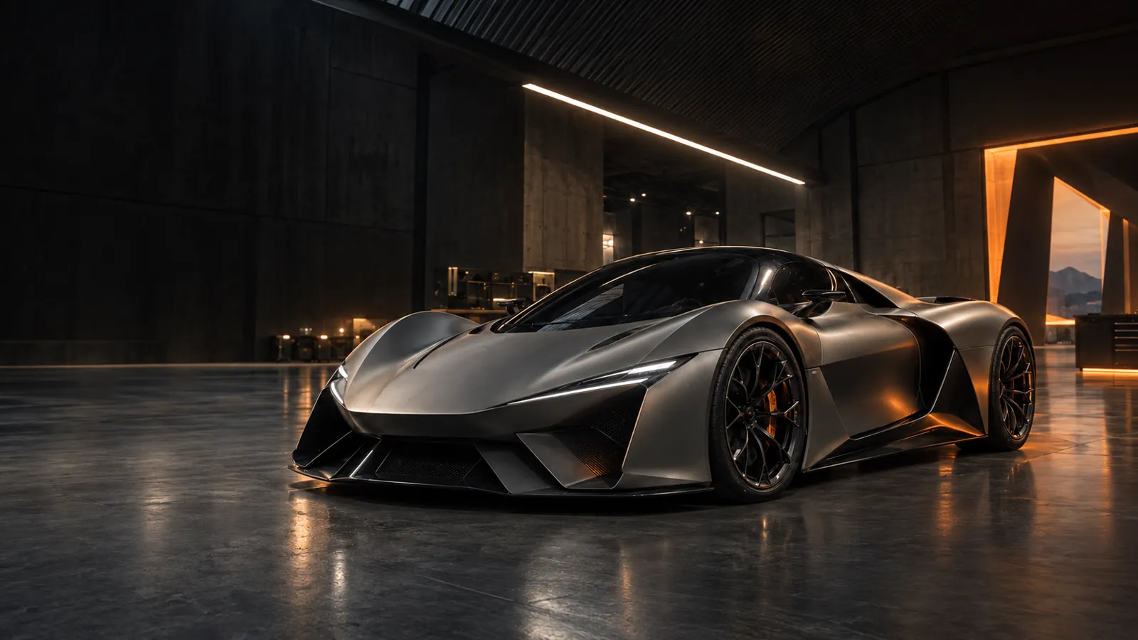 VANTA’s sculptural titanium supercar in an architectural showroom
