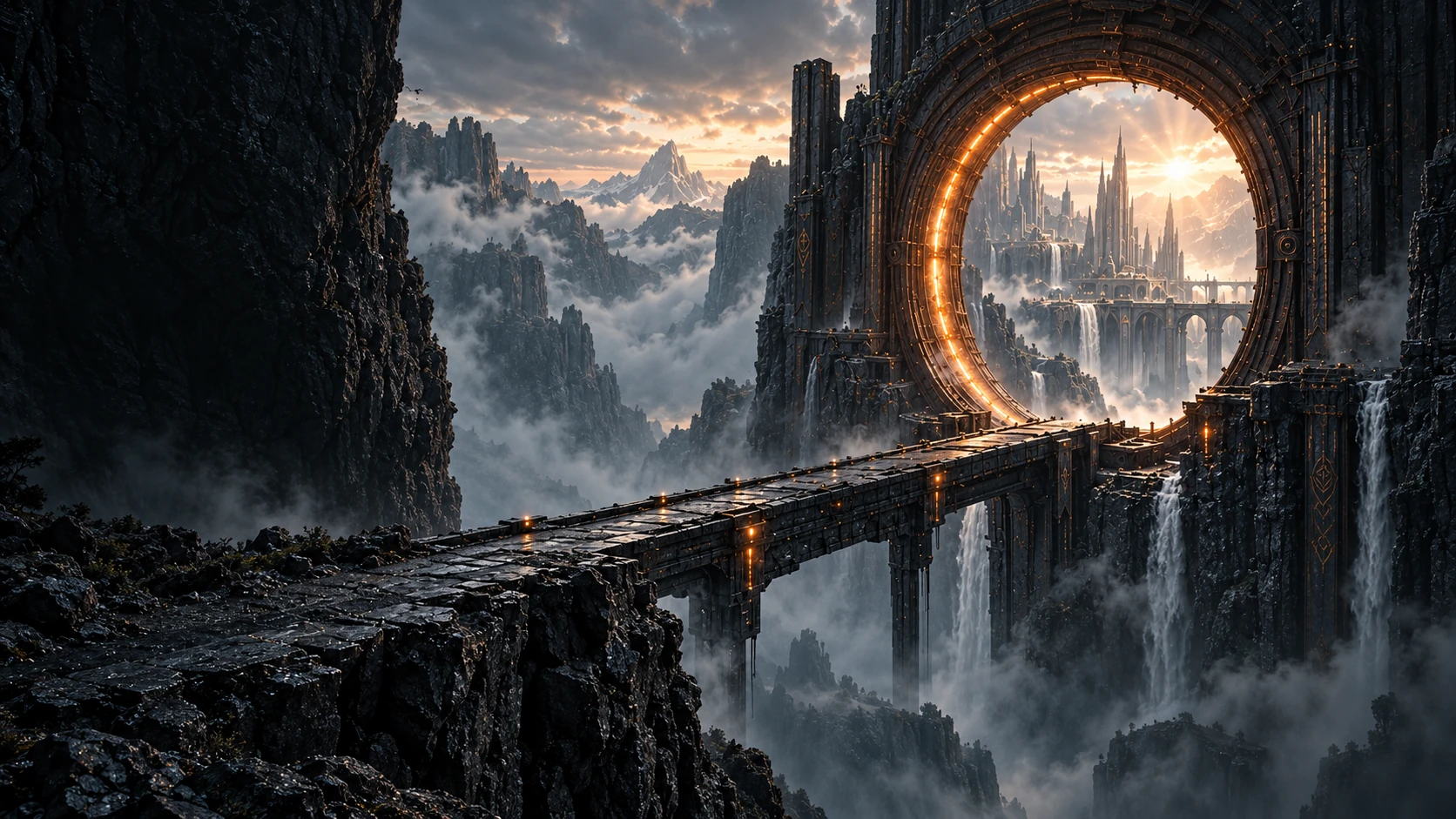 RIFT ZERO’s glowing circular gateway above a vast fictional mountain city